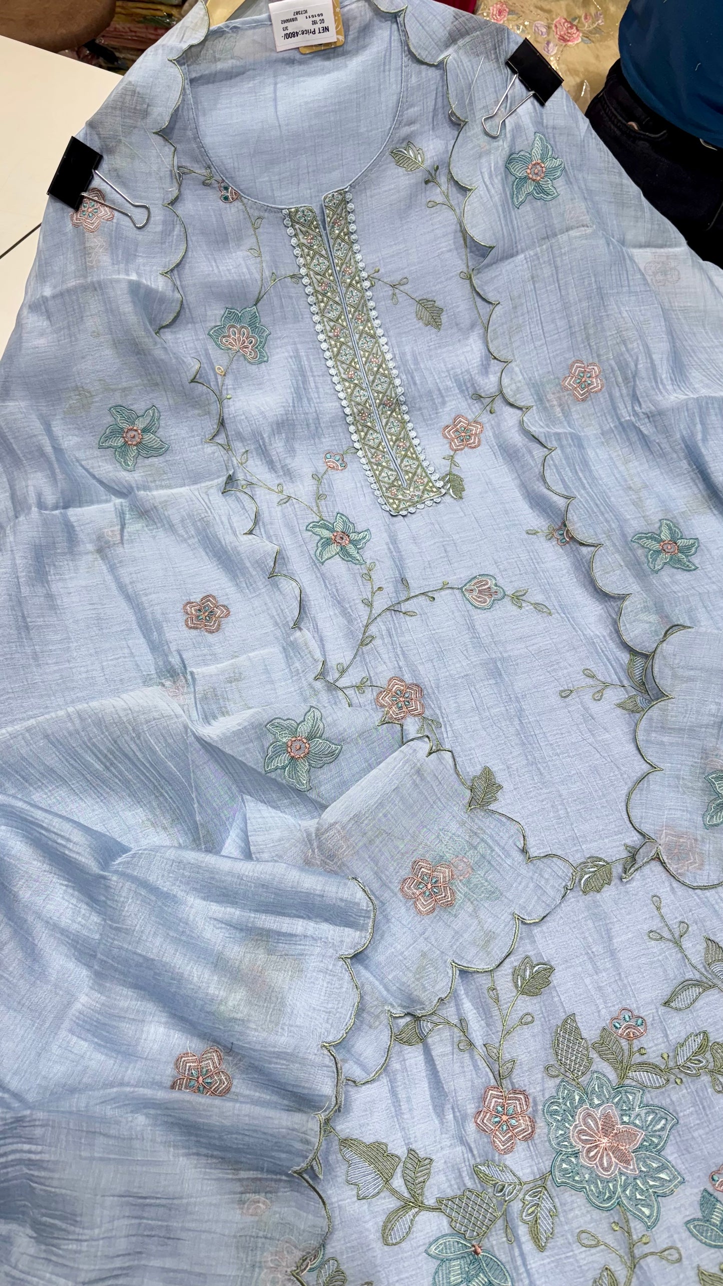 Unstitched Pure Mulmul Thread Embroidered Suit with Designer Cutwork Dupatta & Soft Silk Bottom