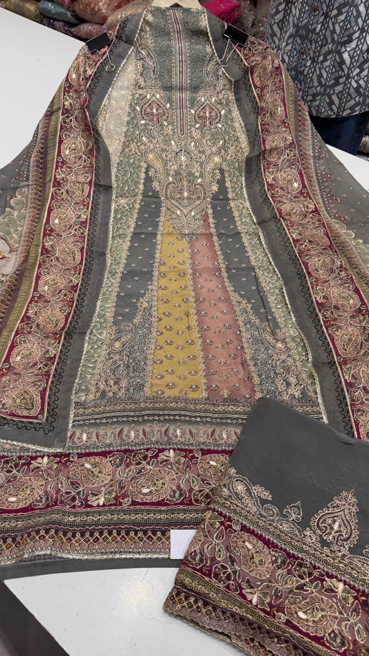 Sabyasachi Inspired A-Line Premium Unstitched Pure Crepe Suit with Designer Chinon Dupatta | Zari Aari Embroidery | Luxury Wedding Wear