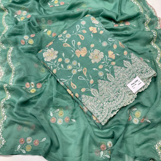 Multicolor Thread work Orgenza Suit set with chiffon dupatta