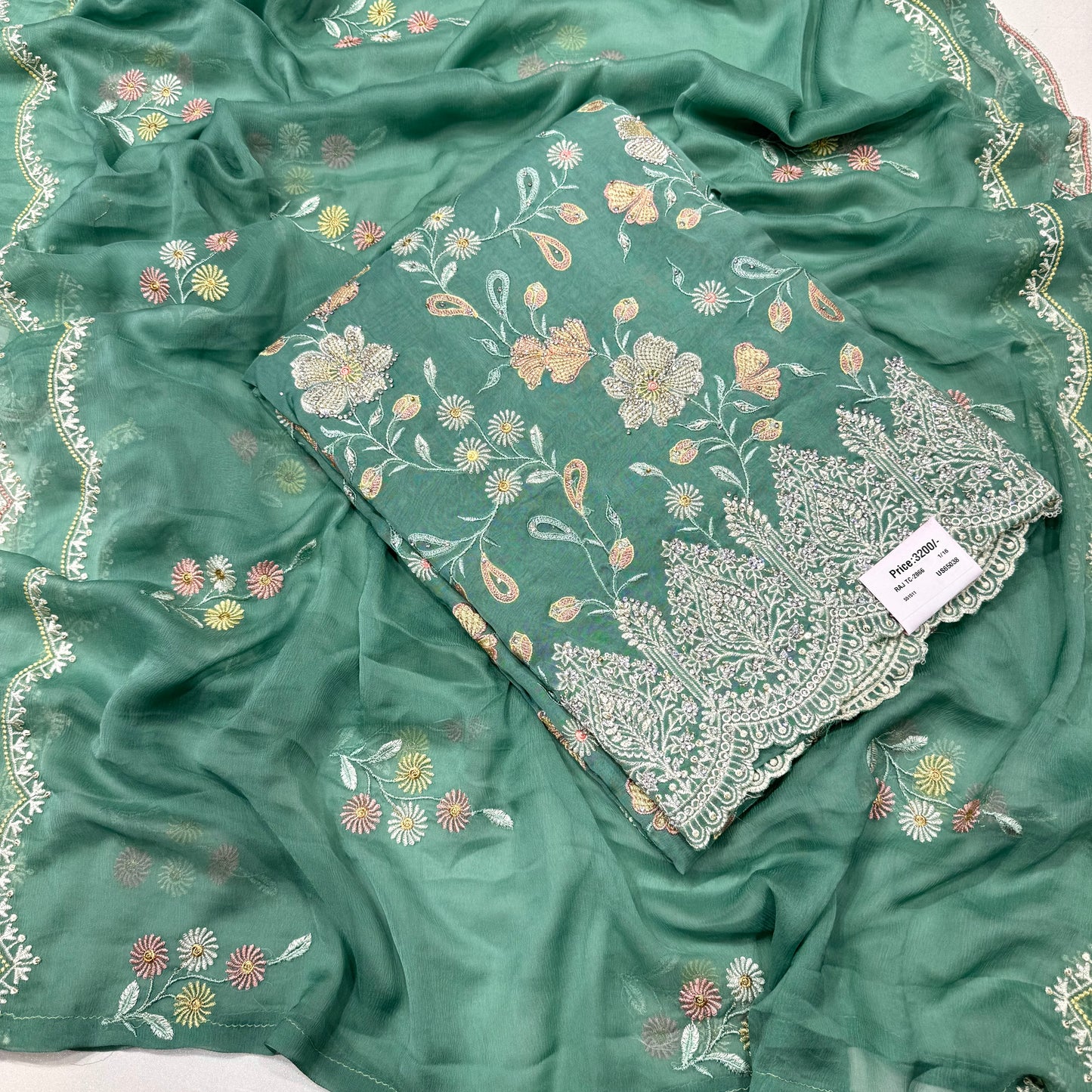 Multicolor Thread work Orgenza Suit set with chiffon dupatta