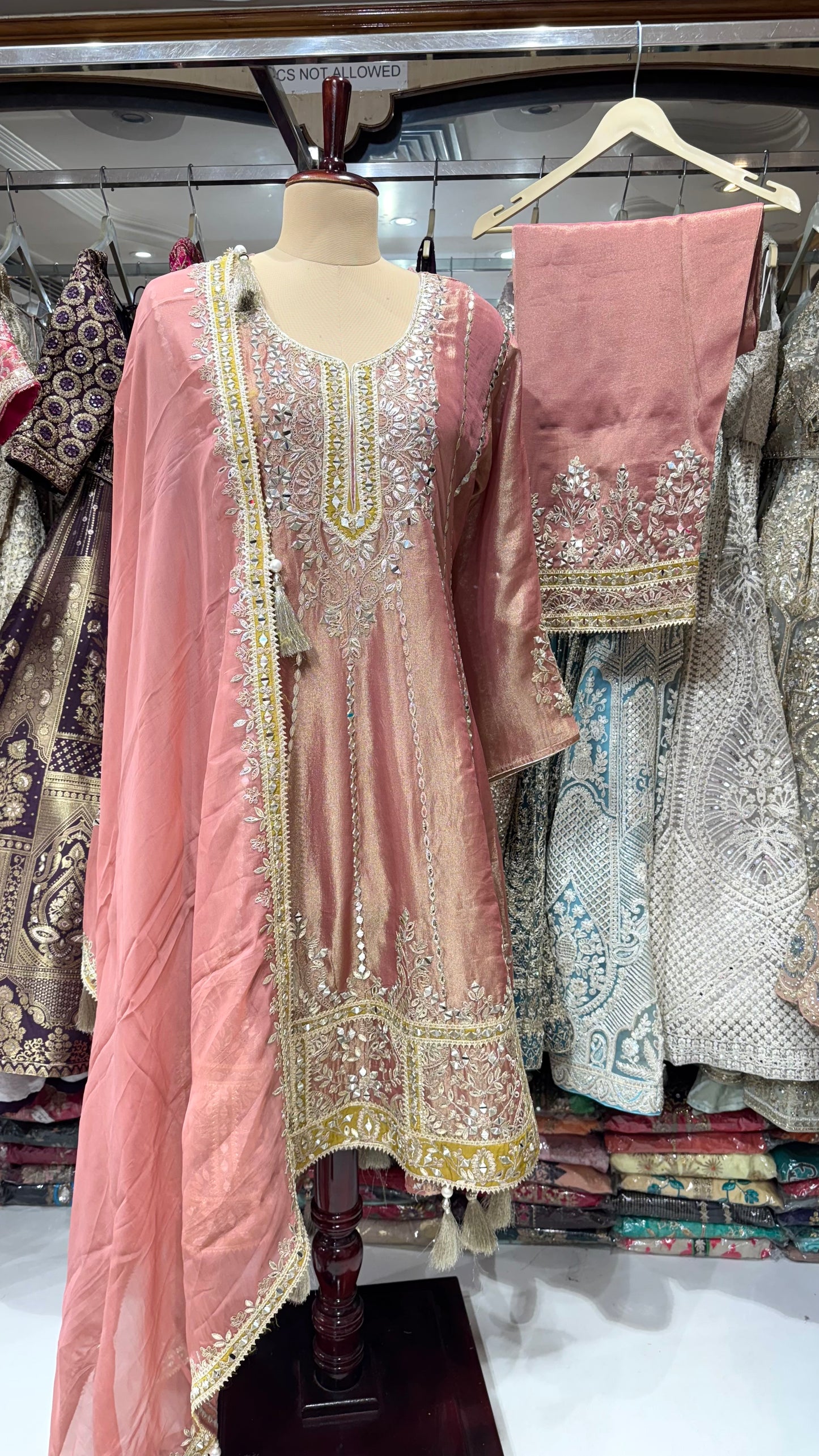 Embroidered Tissue Anarkali with Pakistani Salwar & Dupatta – Handcrafted Mirror & Zari Work