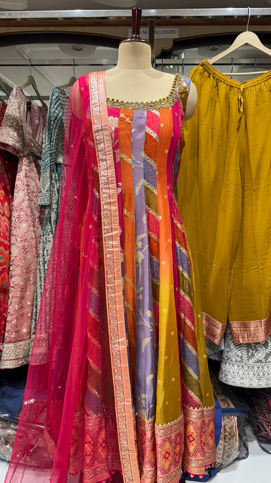 Multicolor Banarasi Handloom Organza Silk Anarkali Suit – Readymade Free Size (Up to 44” Bust)