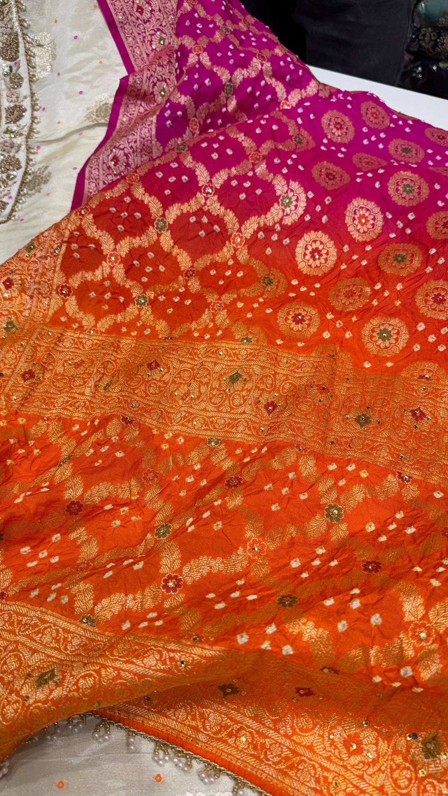 Regal Banarsi Tissue Unstitched Suit with Bhandej Dupatta & Hand Embroidered Neck