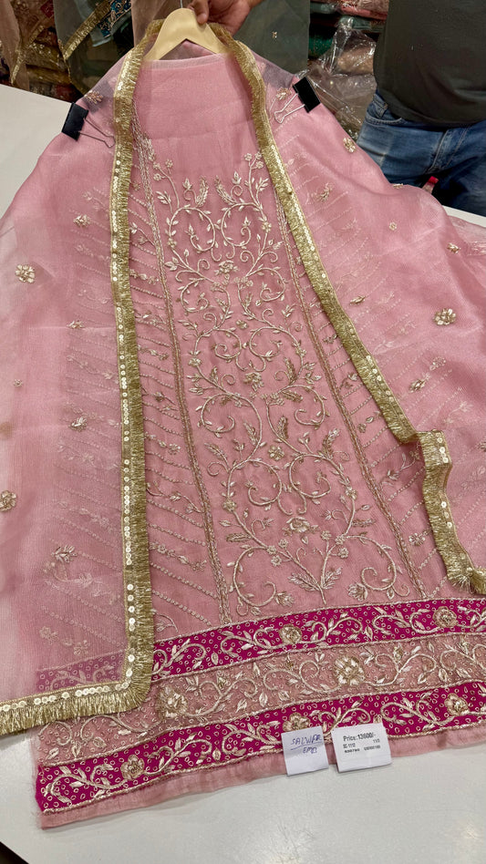 Elegant Hand Embroidered Pure Crush Organza Unstitched Suit