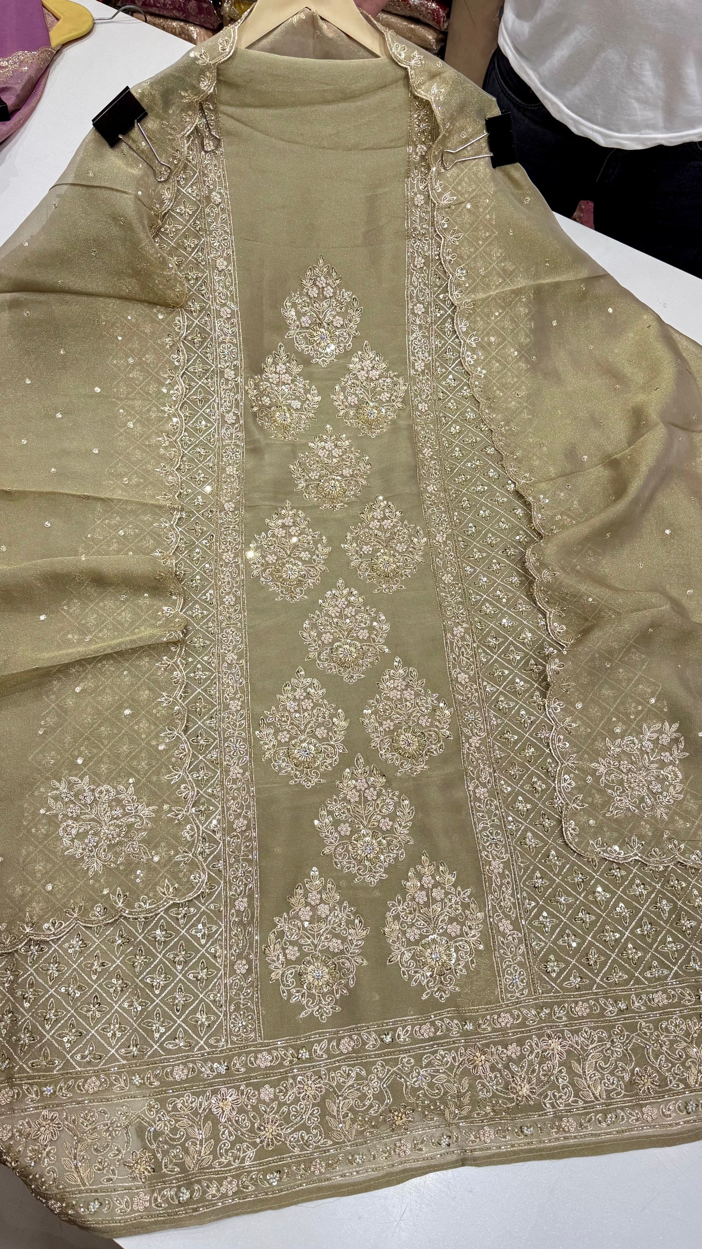 Luxury Shimmer Tissue Unstitched Suit with Zardozi, Pearls & Dabka Embroidery