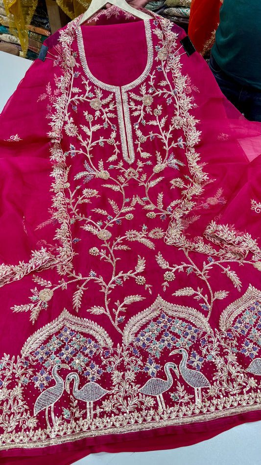 Royal Zardozi Peacock Embroidered Unstitched Suit in Pure Organza