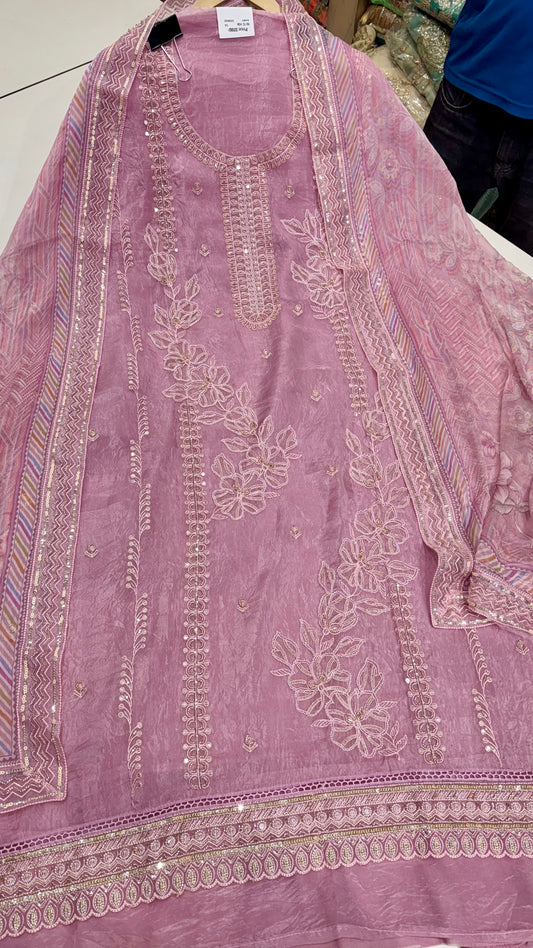 Elegant Pure Paper Silk Hand-Embroidered Unstitched Suit with Chiffon Printed Dupatta