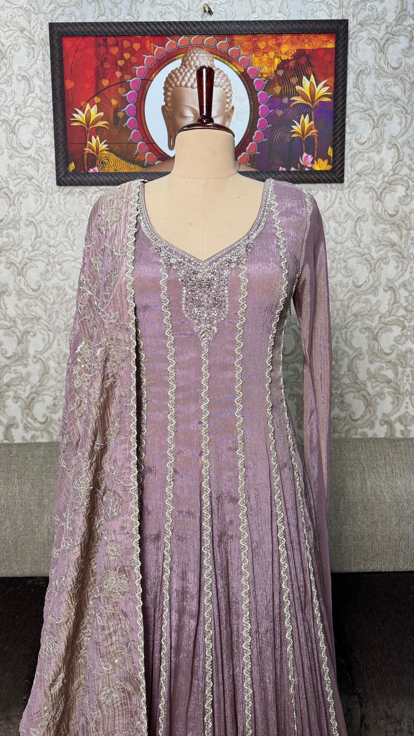Luxury Readymade Pure Tissue Floor-Length Anarkali with Heavy Jaal Dupatta (Free Size up to 44 Bust)