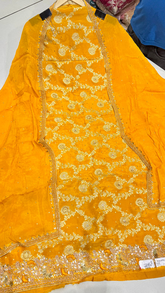 Luxury Banarasi Silk Unstitched Suit with Hand Embroidered Borders