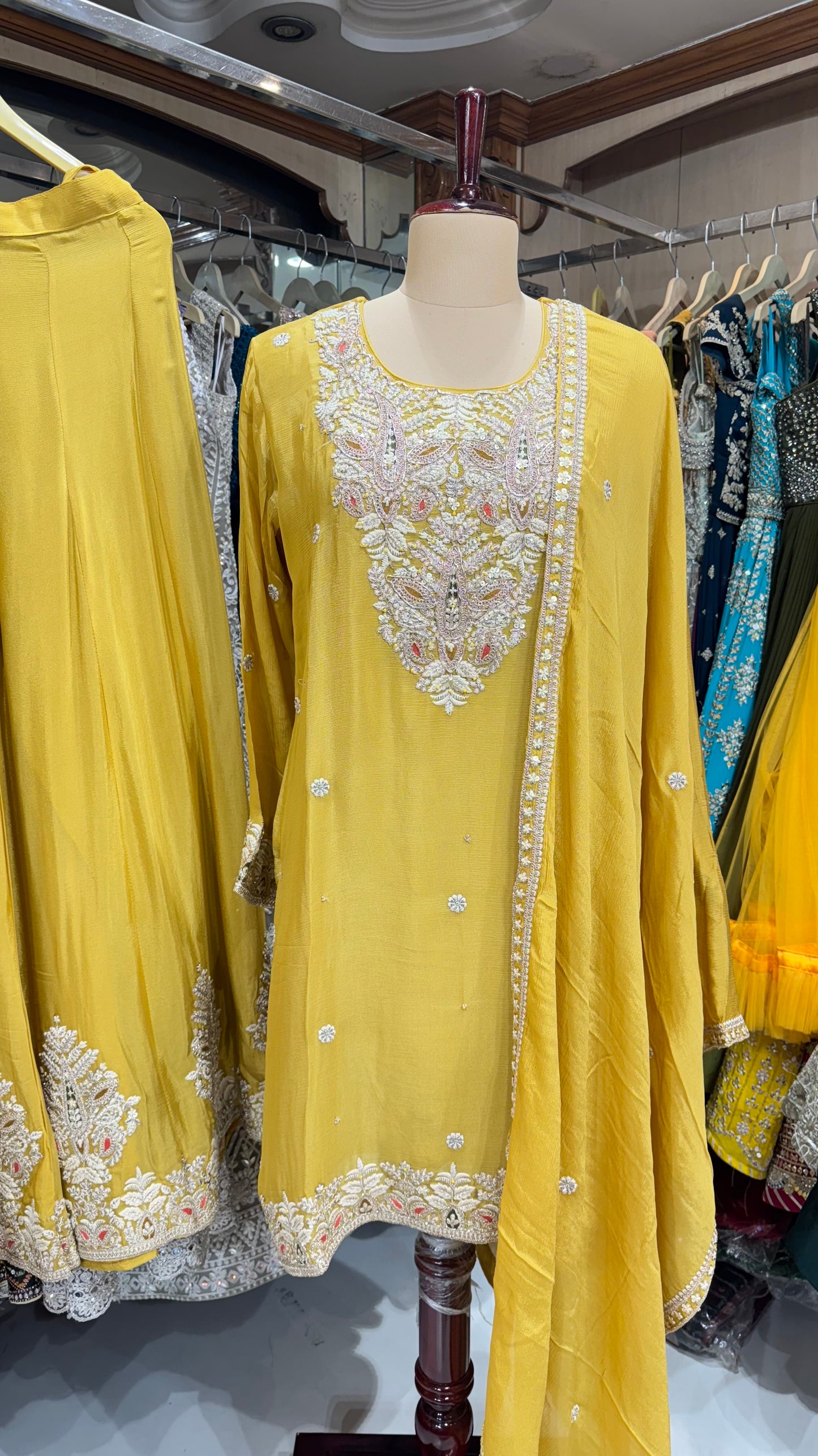 Radiant Mustard Yellow Chinon Crepe Sharara Set | Hand Embroidered Suit with Embroidered Dupatta