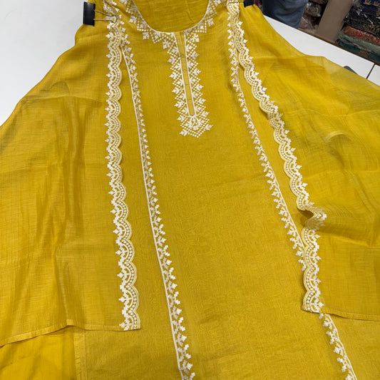 Mustard Yellow Mulmul Cotton Suit with White Gotta Embroidery – Unstitched Dress Material