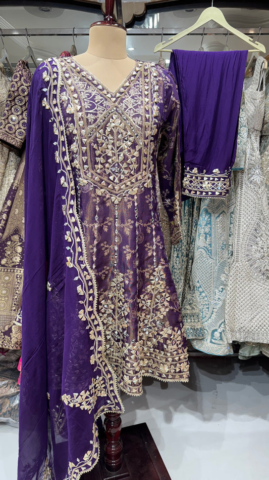 Gota Patti Anarkali Set with Mirror Work – Available in Purple & Mint
