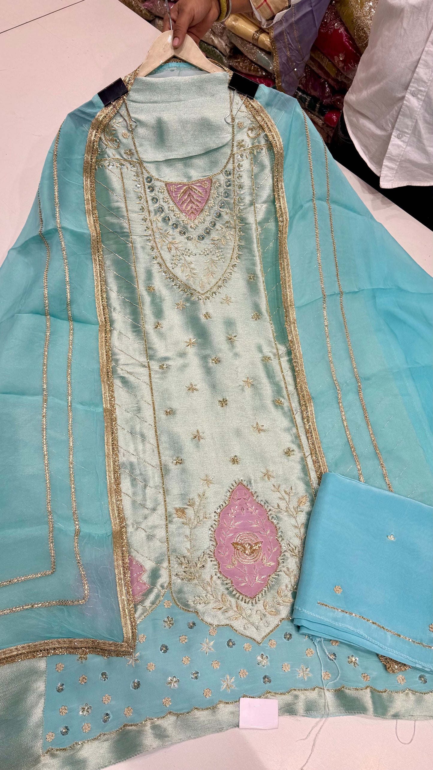 Designer Pure Shimmer Silk Unstitched Suit with Zardozi Handwork & Organza Dupatta