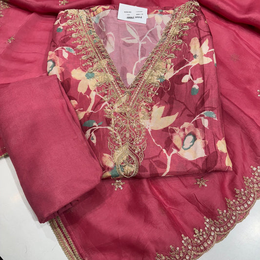 Silk printed v neck semiformal suit set