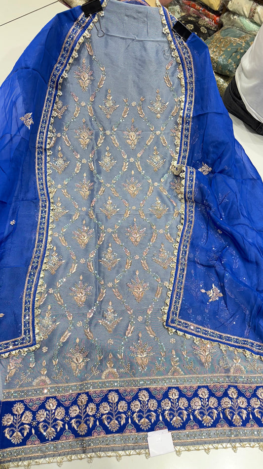 Luxury Pure Tissue & Organza Hand-Embroidered Unstitched Suit