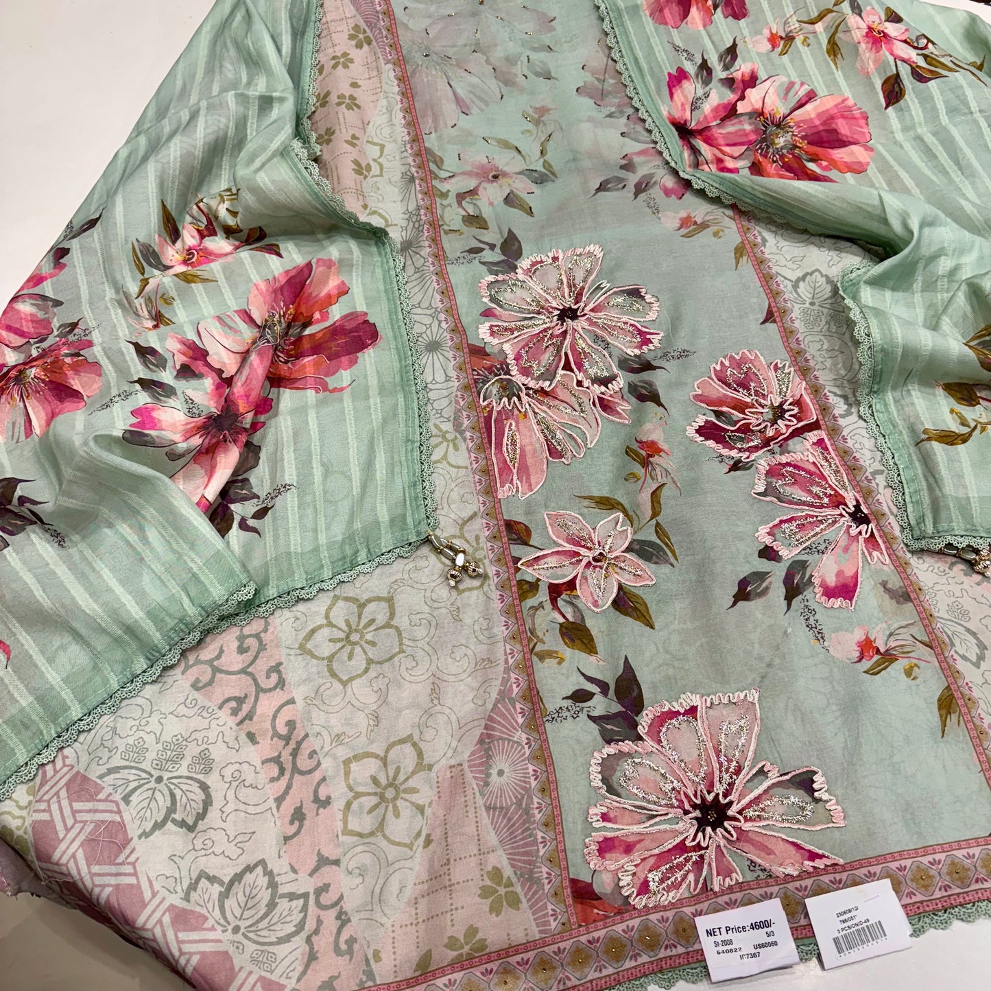 Trendy Pure Mul Mul Cotton Hand-Embroidered Suit with Digital Printed Dupatta & Cotton Bottom