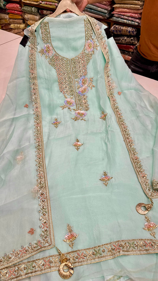 Pastel Mint Luxury Zardozi Embroidered Unstitched Suit in Pure Organza