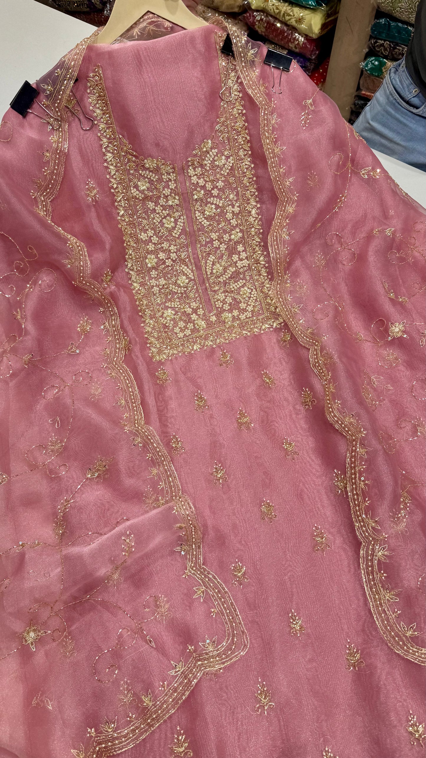 Glass Organza Unstitched Suit with Heavy Zardozi Hand Embroidery