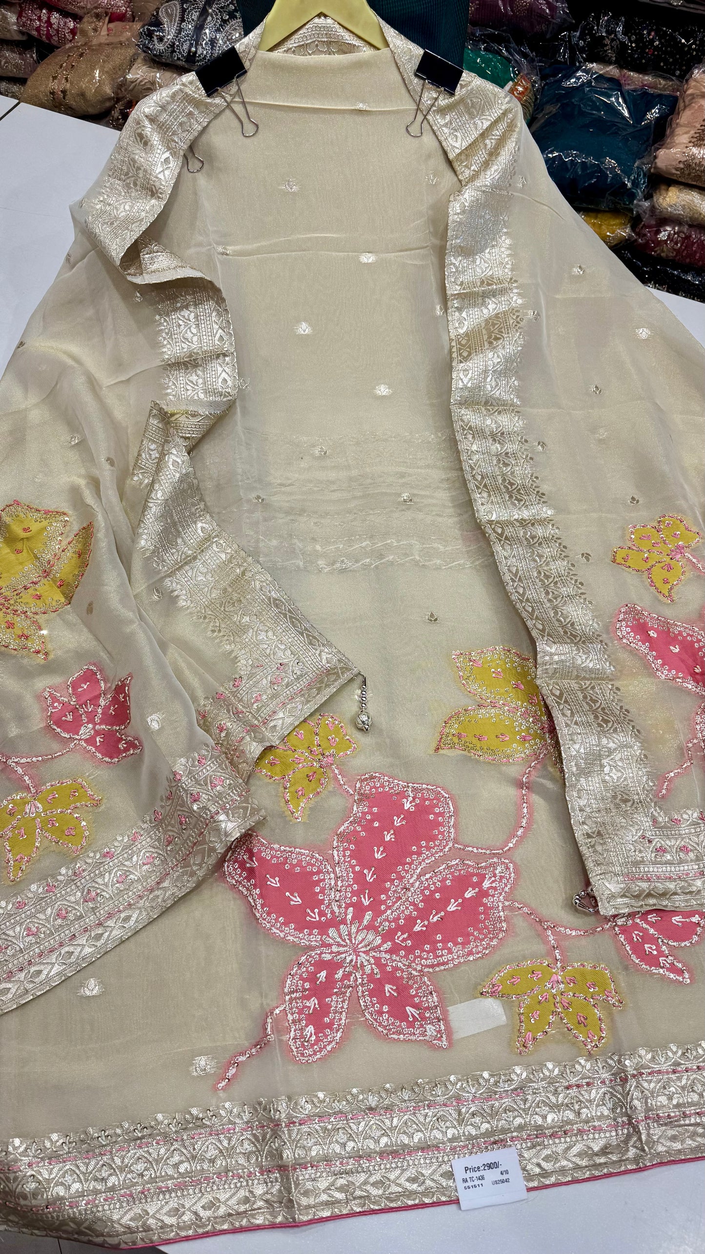 Elegant Banarasi Tissue Hand Embroidered Unstitched Suit with Kantha Work