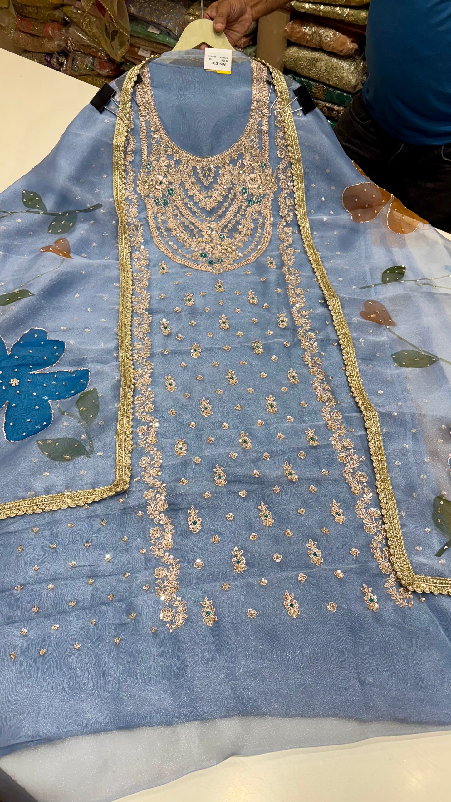 Glass Organza Unstitched Suit with Heavy Zardozi Hand Embroidery