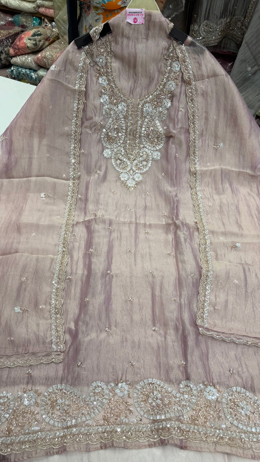 Premium Unstitched Pure Crush Organza Embroidered Suit with Designer Dupatta | Nakshi & Beads Handwork | Luxury Party Wear