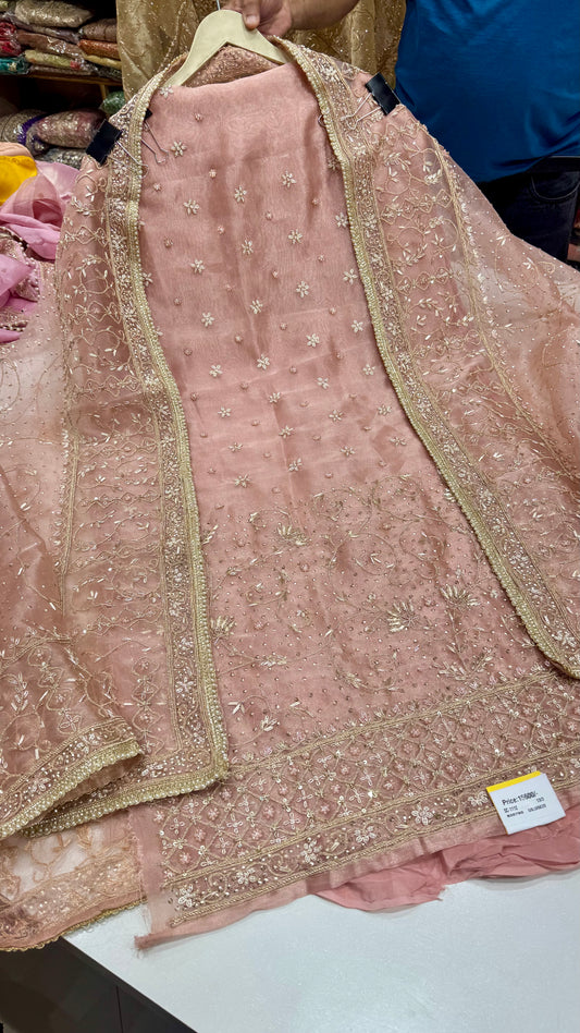 Royal Farukhabadi Hand-Embroidered Unstitched Glass Organza Suit