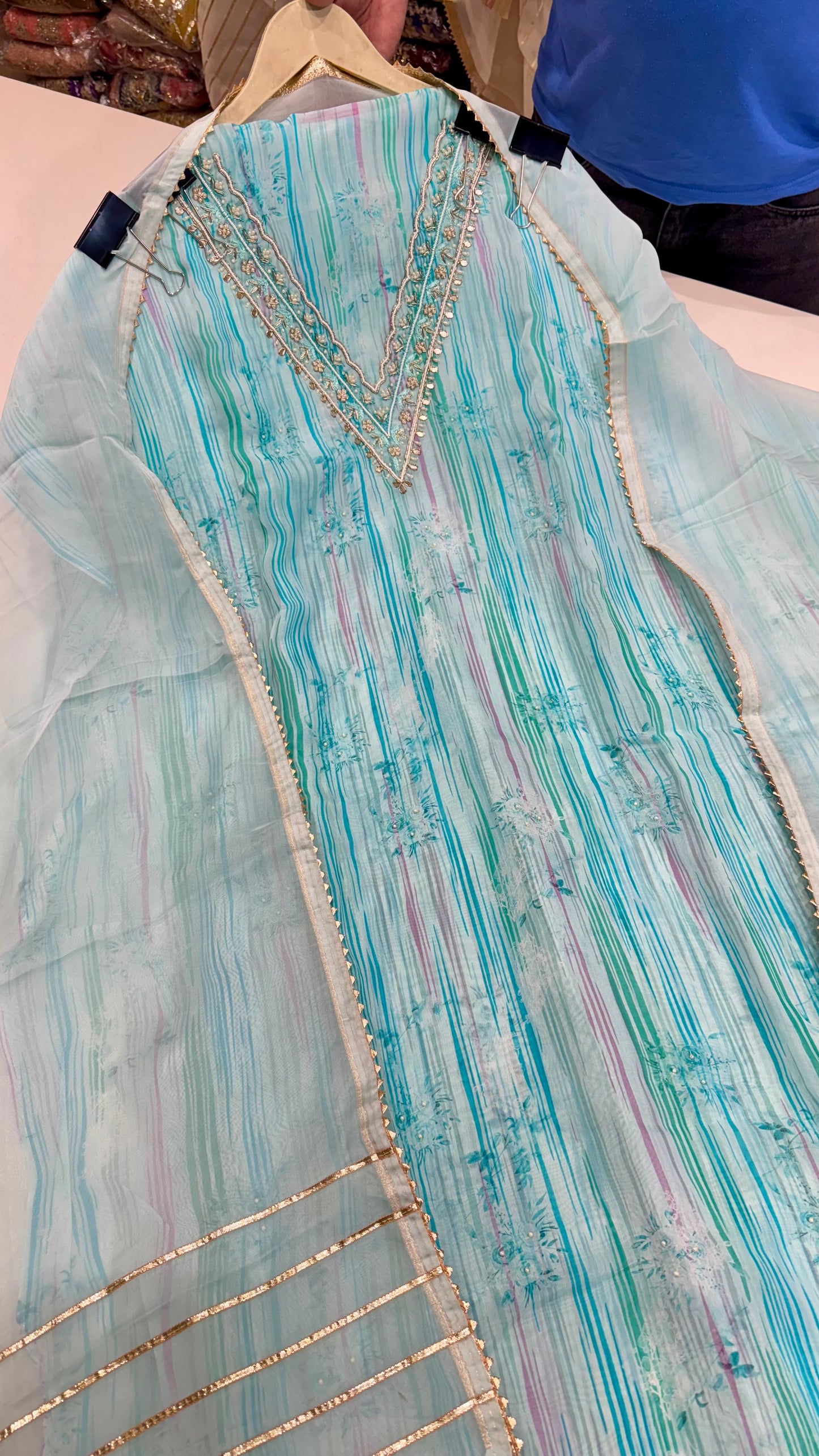Elegant Stripe Unstitched Organza Suit with Hand Zardozi Neckwork