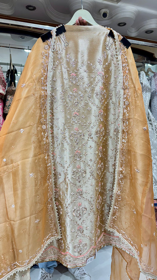 Luxury Shimmer Tissue (Jiraf Silk) Unstitched Suit with Dabka ,Zardozi & Pearl Detailing