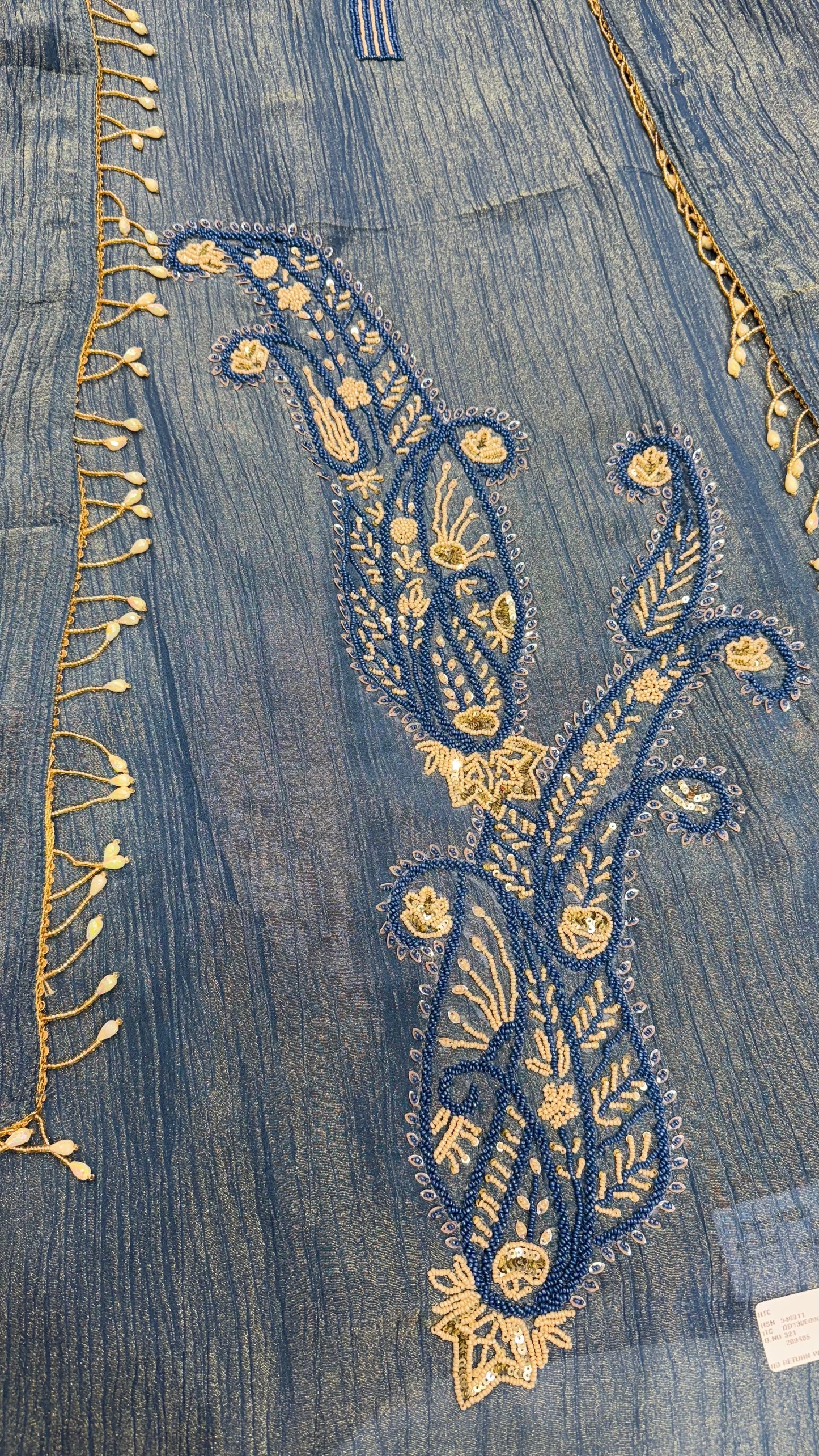 Designer Unstitched Pure Crush Tissue Suit with Hand Embroidery & Pearl Detailing