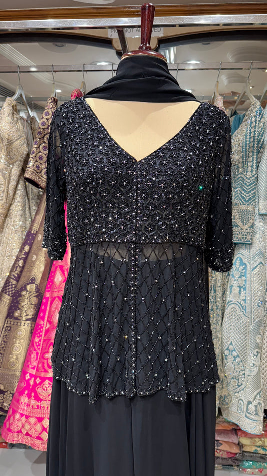 Designer Black Indo-Western Georgette Sharara Set – Hand Embroidered Front-Cut Choli with Flared Sharara