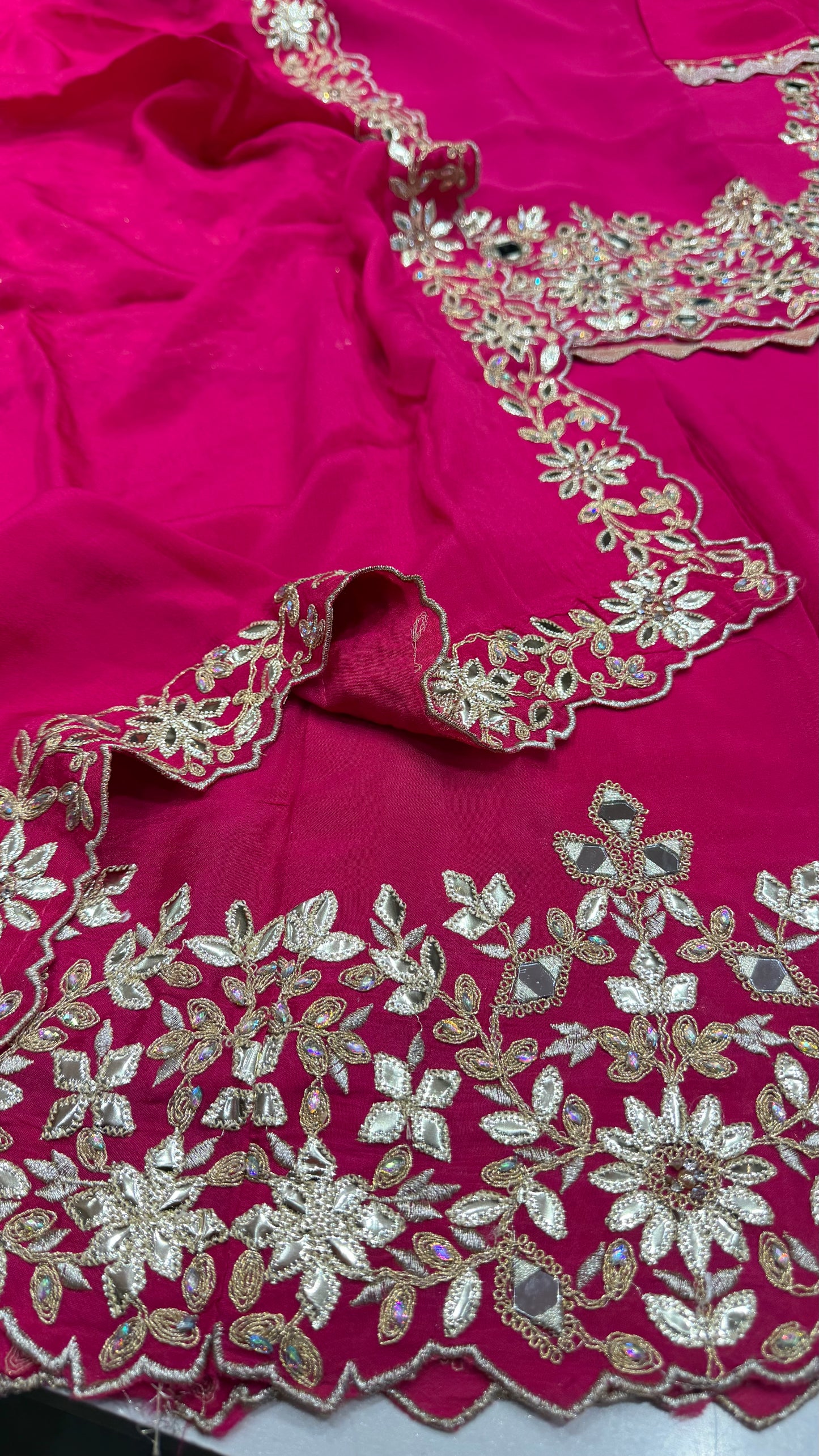 Readymade Chinon Crepe Gotta Patti & Mirror Work Sharara Suit – Free Size (Up to 42” Bust)