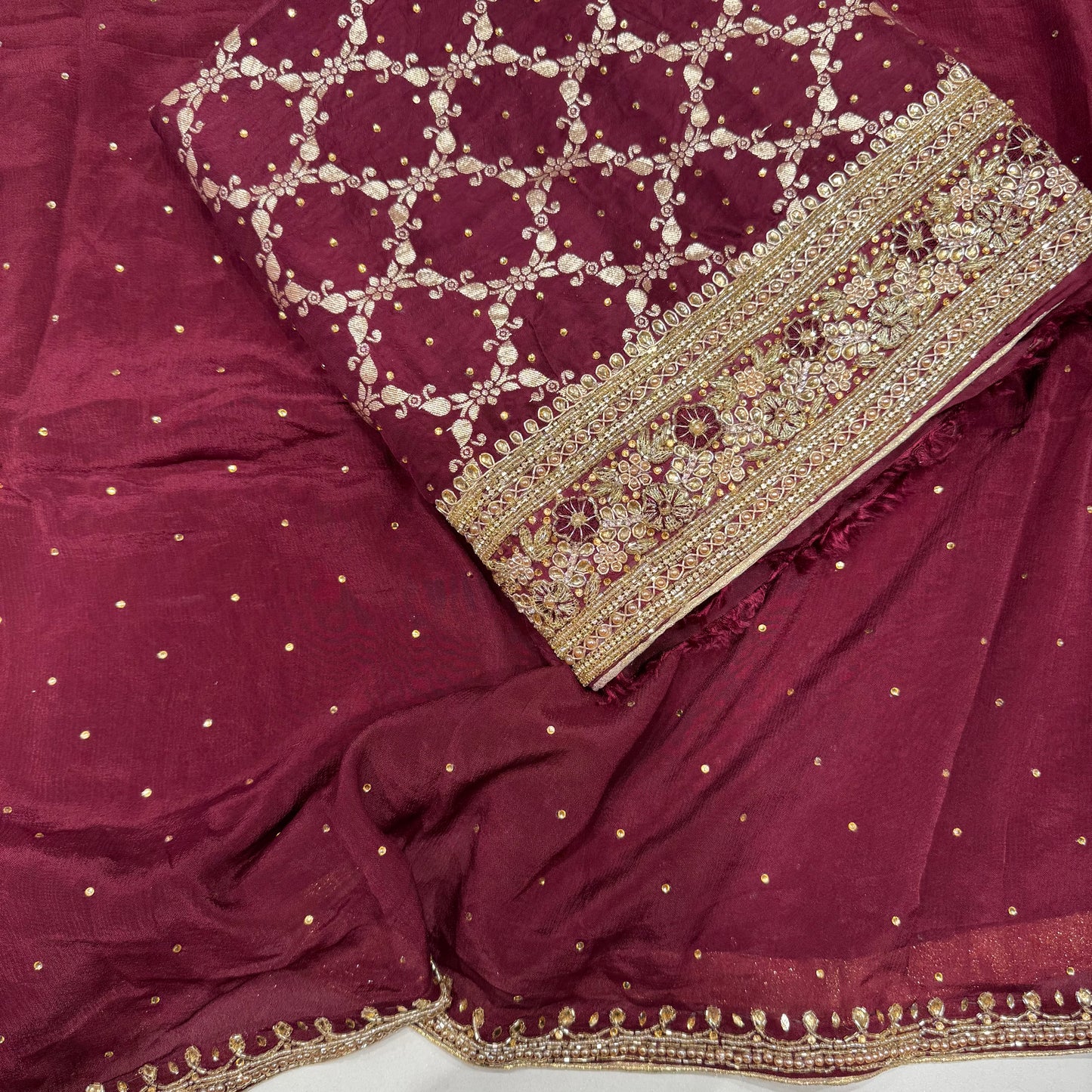 Banarsi Silk Handwork Suit set with Chinon dupatta