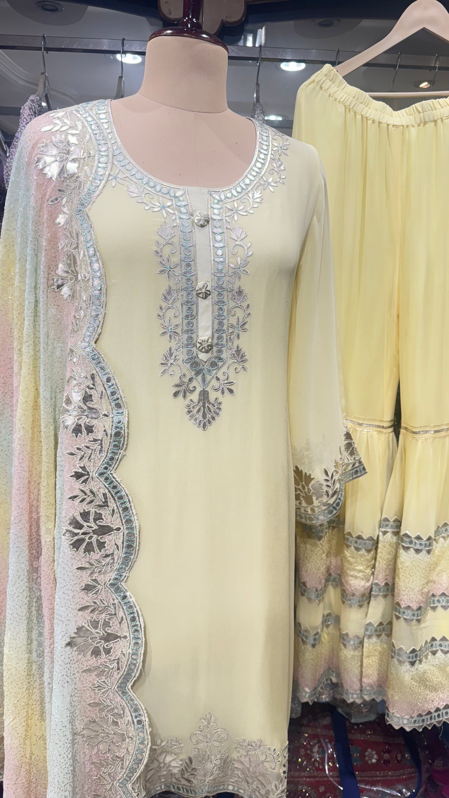 Pastel Yellow Gharara Suit with Leather Work & Multicolor Dupatta