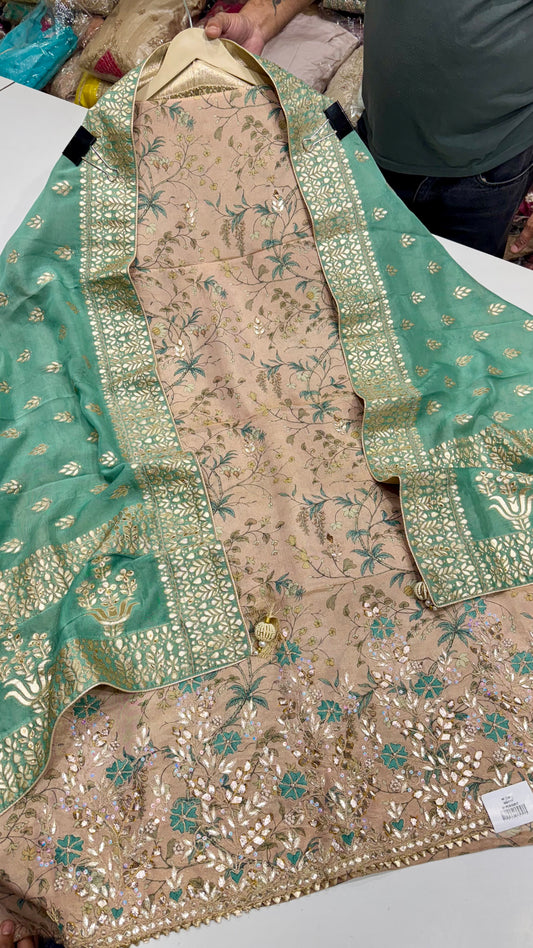 Elegant Shimmer Tissue Unstitched Suit with Banarasi Tissue Dupatta & Hand Embroidery