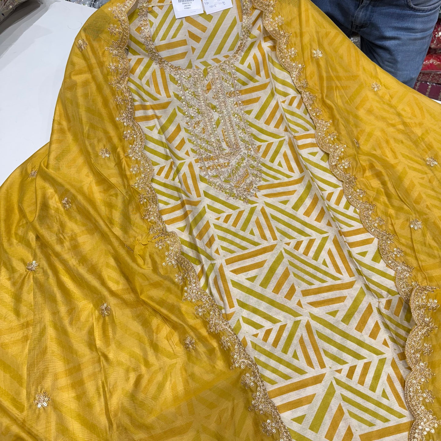 Elegant Geometric Print Modal Cotton Unstitched Suit Set with Embroidered Dupatta – Multiple Color Options ( base color is beige)