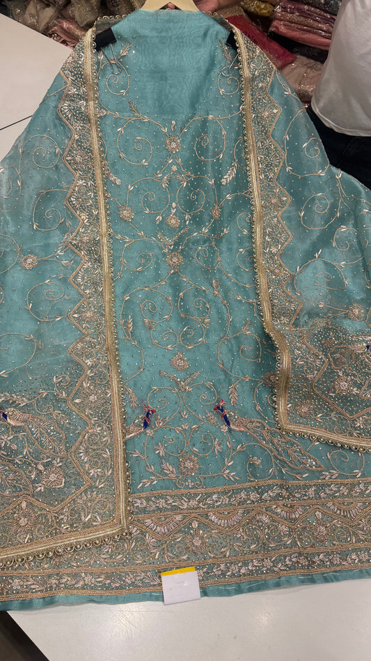 Royal Farukhabadi Hand-Embroidered Unstitched Glass Organza Suit