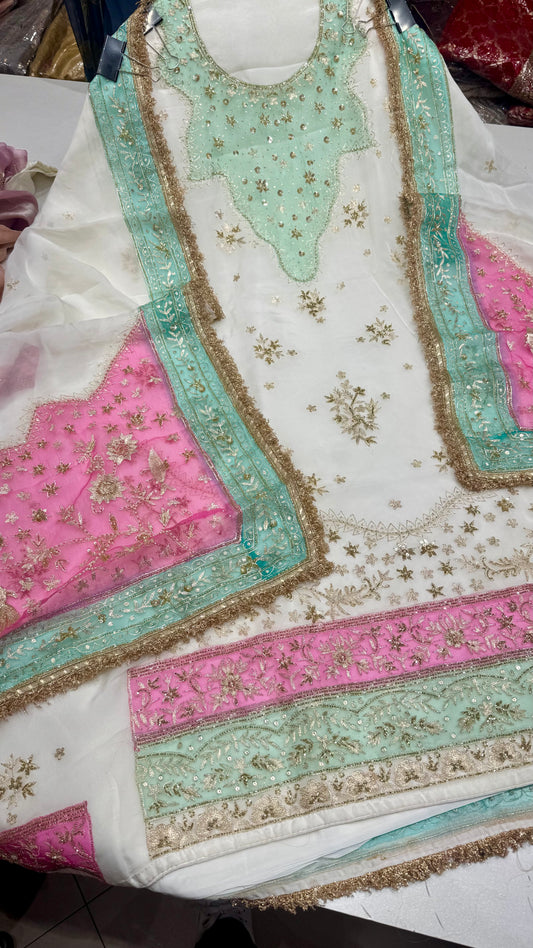 Luxury Pure Organza Unstitched Zardozi Hand Embroidered Suit