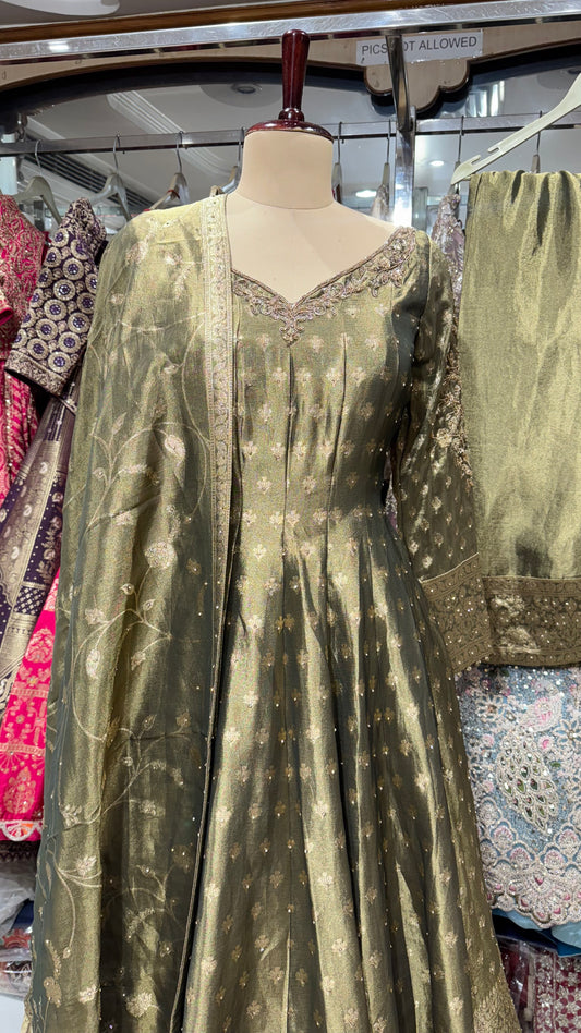 Luxury Readymade Pure Kheenkhaan Tissue Anarkali Suit with Sharara & Full Weaved Tissue Designer Dupatta