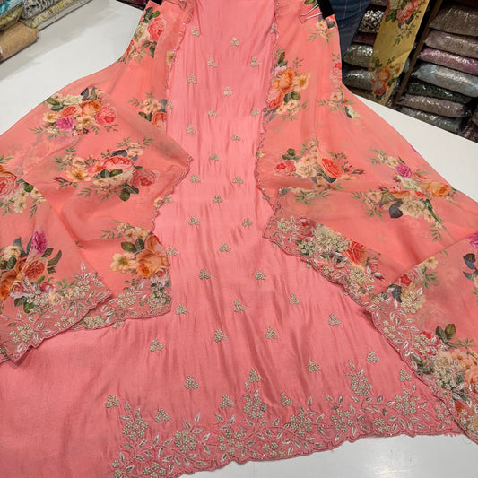 Luxury Silk Unstitched Suit with Hand-Embroidered Pearl Work, 2.5m Silk Bottom & Floral Printed Organza Dupatta with Dual-Side Embroidery