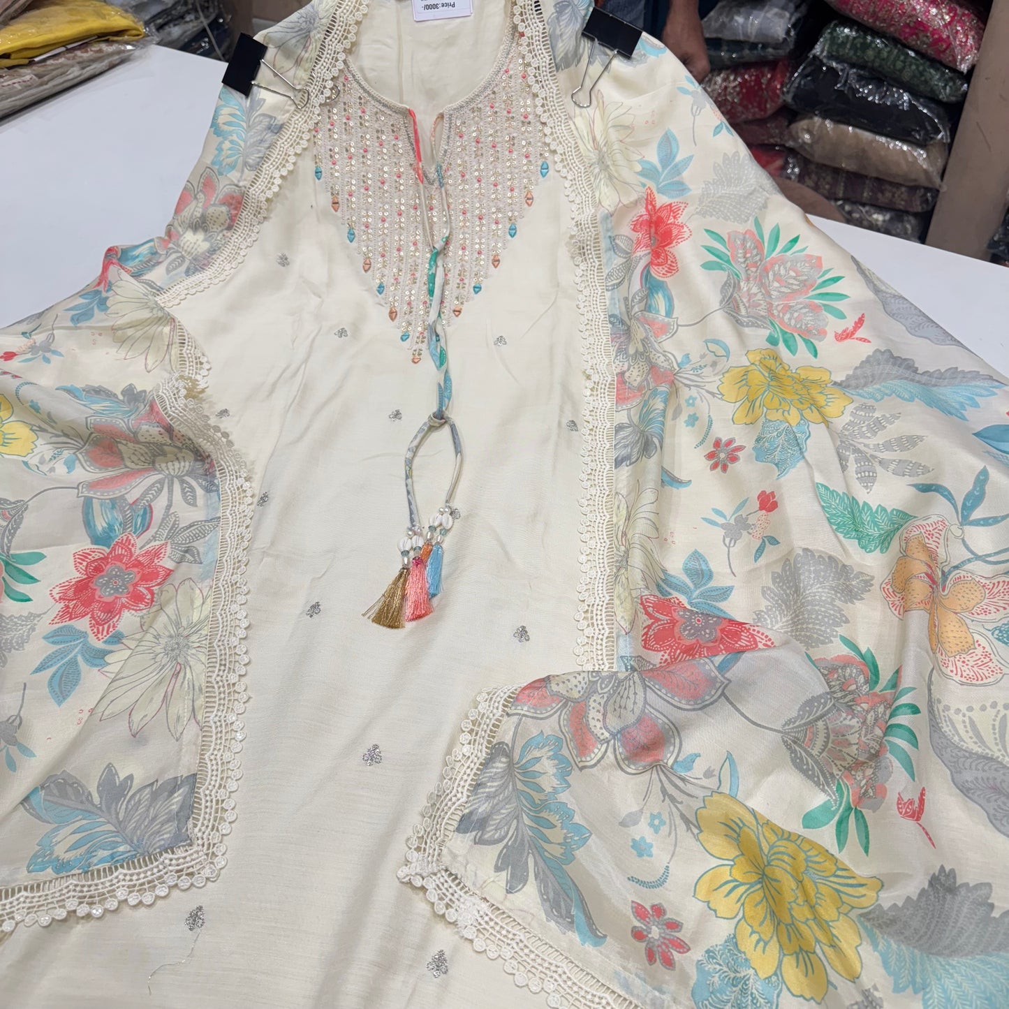 Elegant Cream Floral Embroidered Muslin Suit with Muslin Dupatta