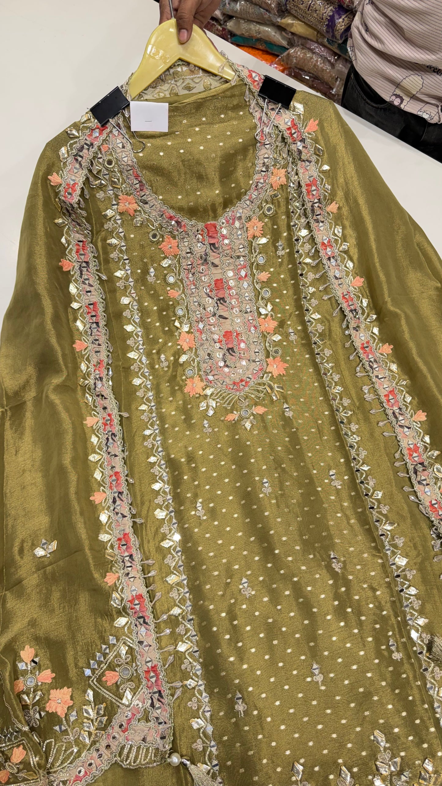 Designer Pure Shimmer Tissue Hand Embroidered Unstitched Suit
