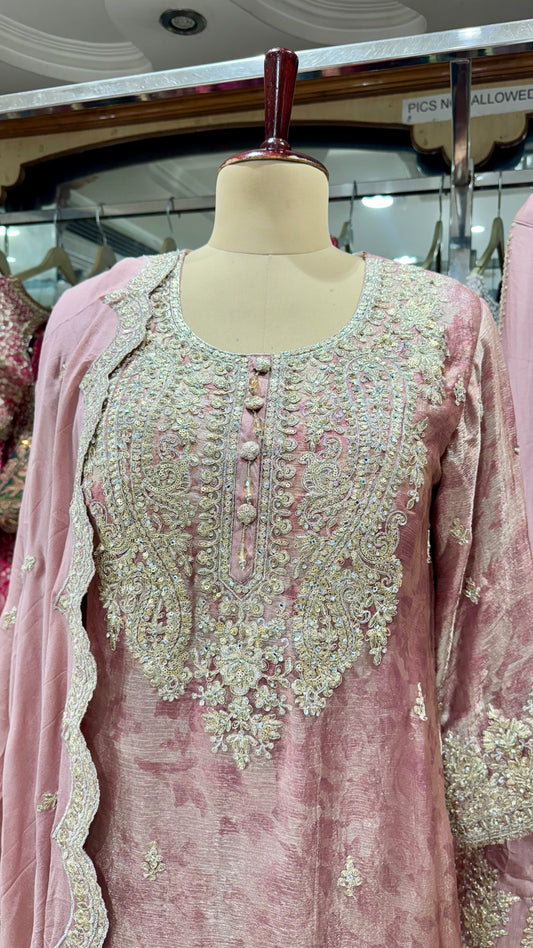 Elegant Pure Glass Organza Zari & Sequin Embroidered Readymade Sharara Suit – Free Size (Up to 44” Bust)