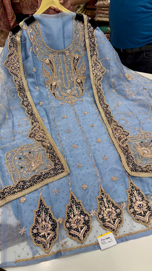 Royal Farukhabadi Hand-Embroidered Unstitched Glass Organza Suit
