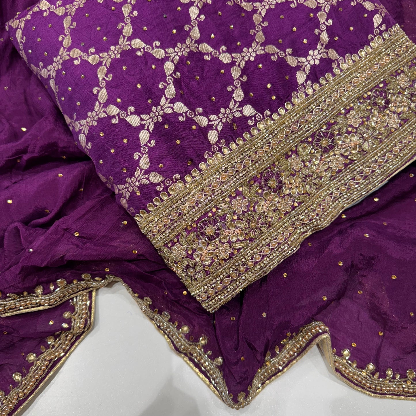 Banarsi Silk Handwork Suit set with Chinon dupatta