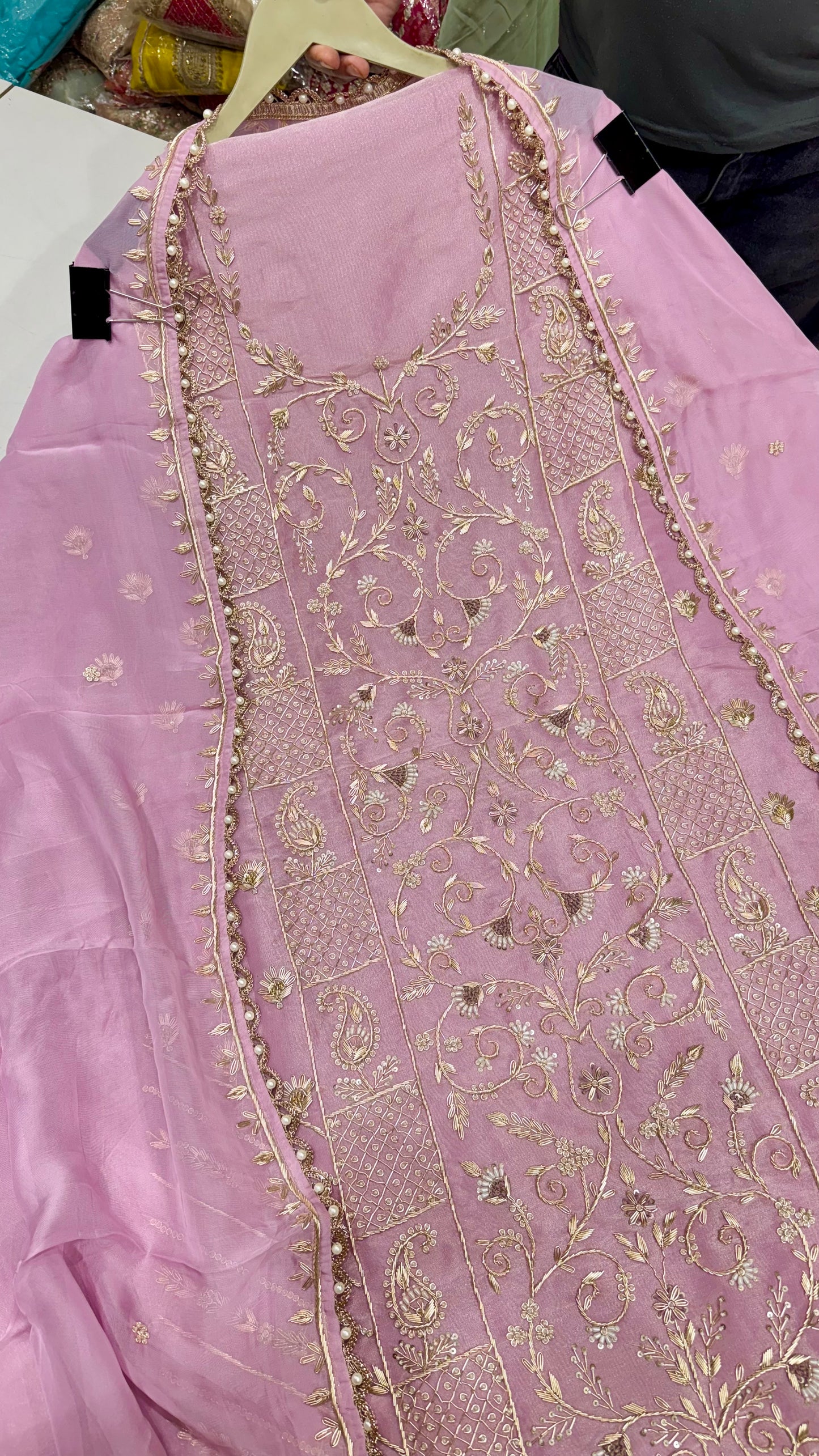 Luxury Shimmer Tissue Hand Embroidered Unstitched Suit with Pure Organza Dupatta