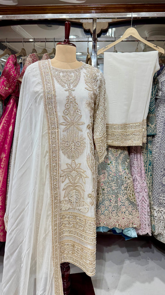 Luxury Readymade Hand Embroidered Organza Pakistani Style Long Suit Set with Embroidered Pants