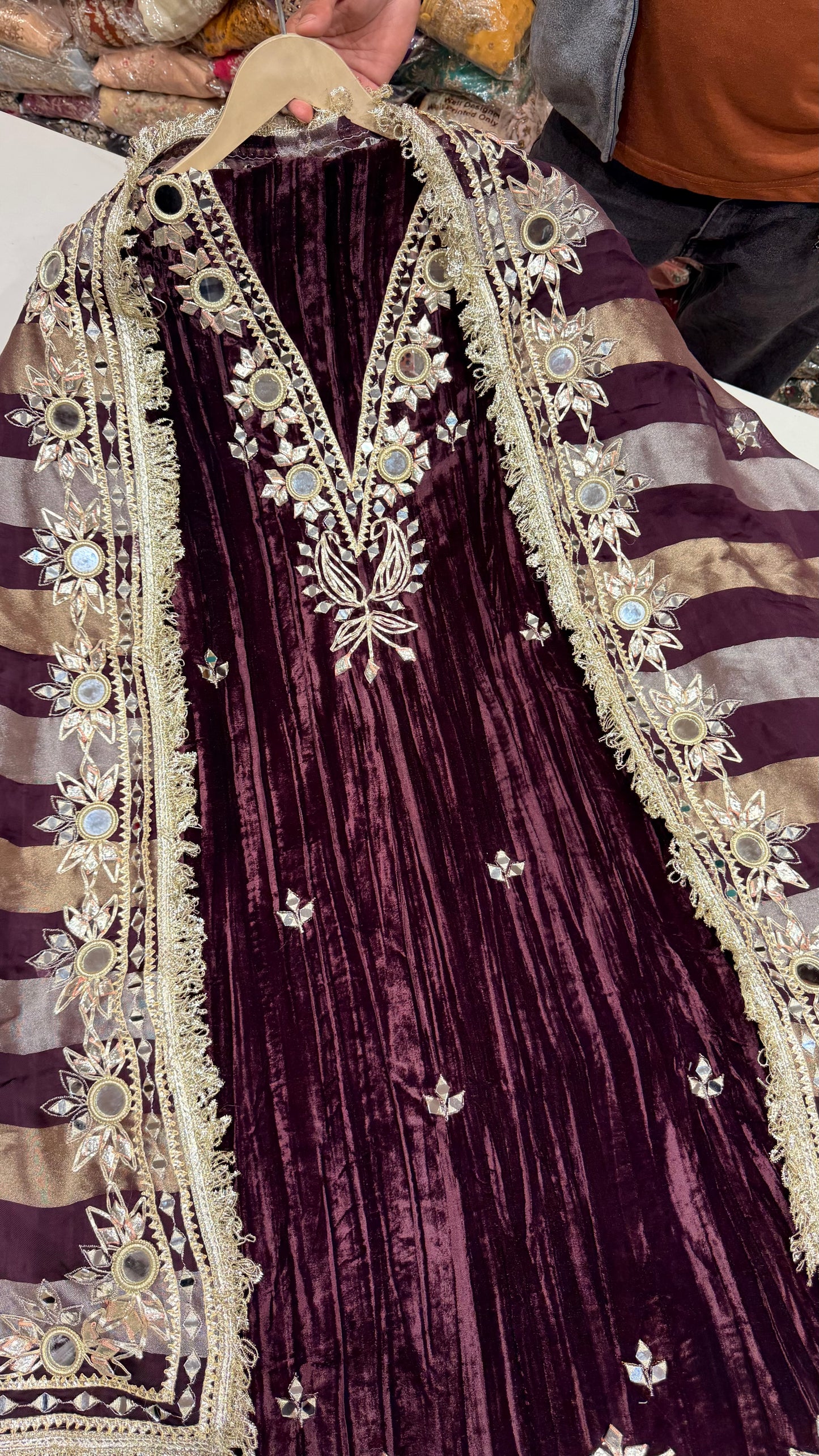 Premium Pure Velvet Unstitched Suit with Gotta Patti & Mirror Work + Tissue Dupatta