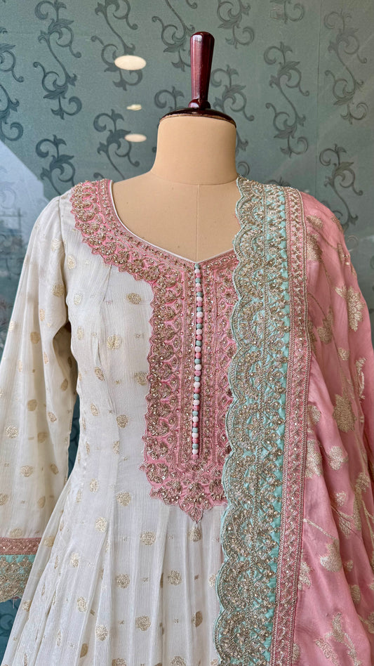 Luxury Pure Tissue Anarkali Set with Heavy Embellished Neckline & Banarasi Dupatta