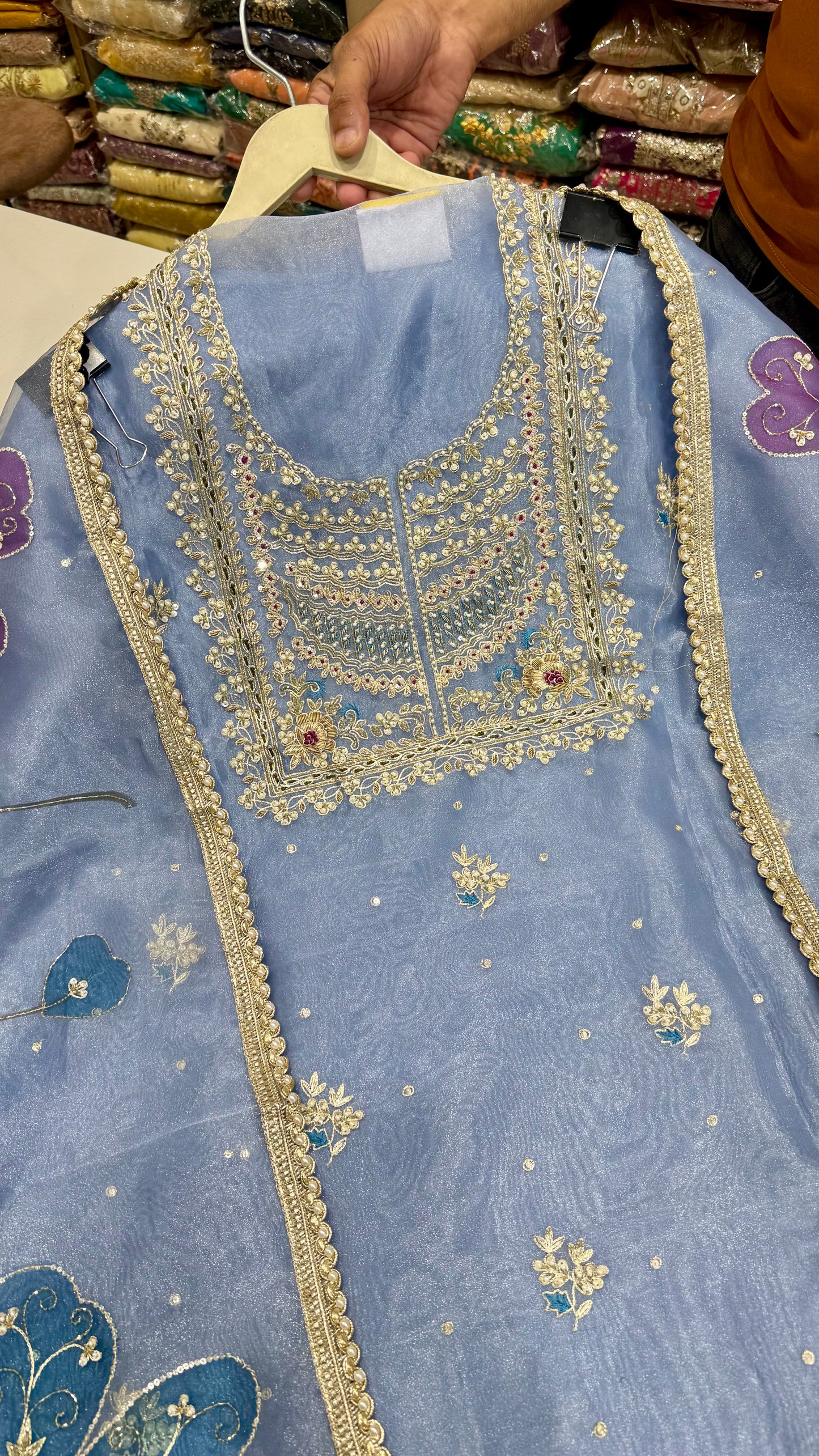Elegant Zardozi Embroidered Unstitched Suit in Pure Glass Organza