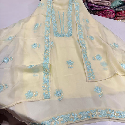 Luxury Pure Organza Unstitched Suit with Hand Embroidered Neck, Ghera & Dupatta Border | Includes Pure Crepe 2.5m Bottom